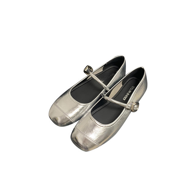 ເກີບ oceanone round toe shallow mouth Mary Jane shoes 2024 soft leather soft silver strap one-words shoes low-heel shoes