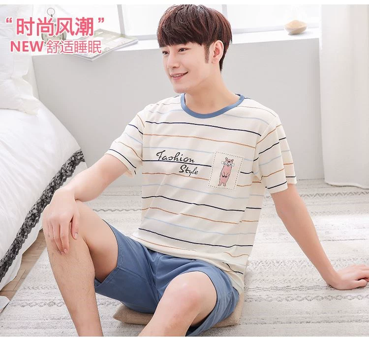 Đồ ngủ đô thị nam mùa hè ngắn tay cotton cotton trẻ em siêu mỏng phù hợp với quần pyjama nam thanh niên học sinh nam mùa thu