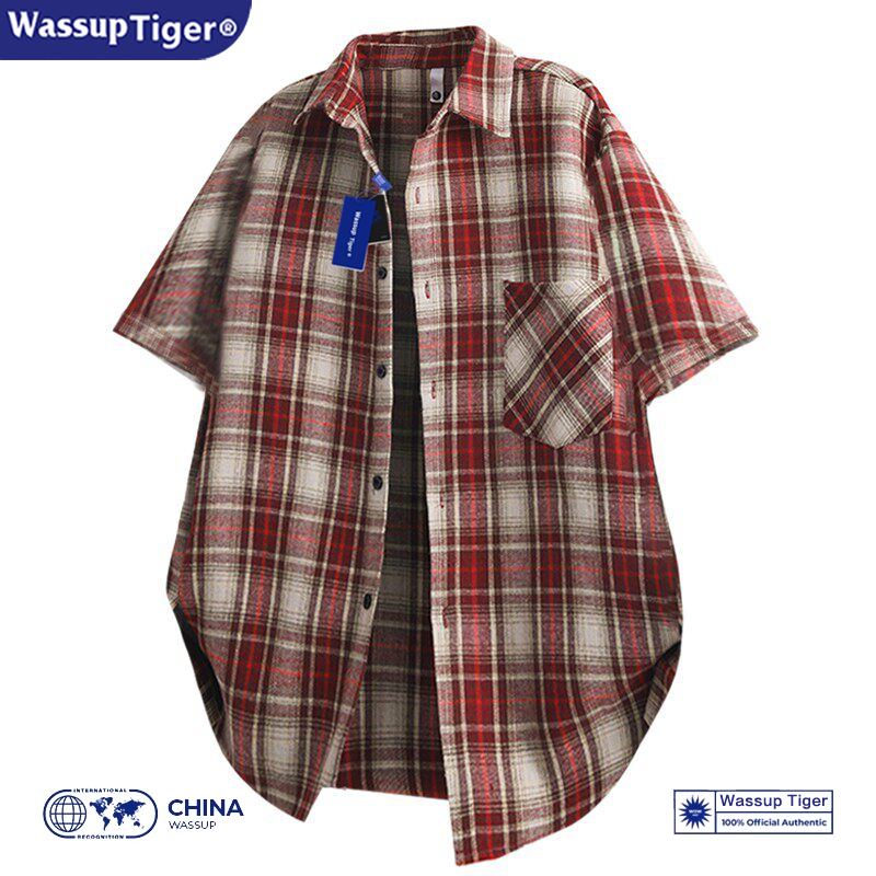 Wassup Tiger Retro Style Trendy Large Size Short-Sleeved Plaid Shirt Men's Jacket Summer Popular Style