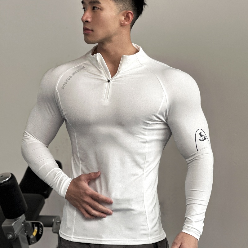 New men's muscle sports fitness T-shirt raglan long-sleeved zipper open collar tight elastic autumn and winter bottoming shirt trendy
