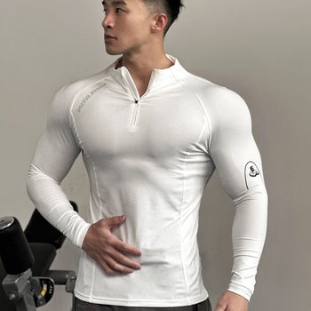 New men's muscle sports fitness t-shirt raglan long-sleeved zipper open collar tight elastic autumn and winter bottoming shirt trendy
