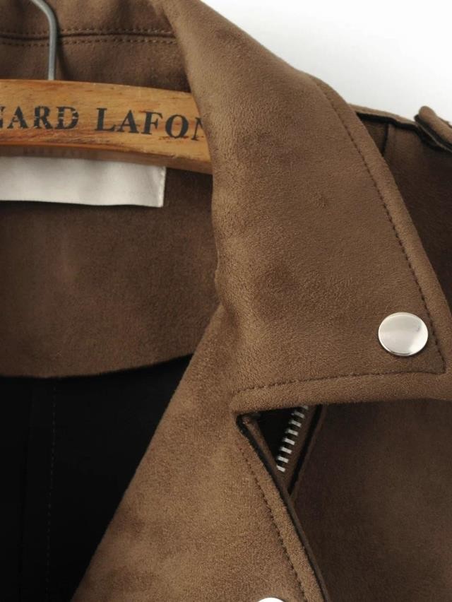 Áo khoác da màu nâu epaulettes xe máy giả da lộn da lộn áo khoác nữ dài tay áo khoác vành đai áo ngắn thời trang công sở hàn quốc