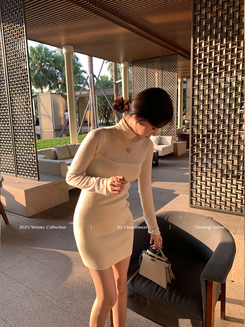 CloudSweet Baiyuntian Day Change Line_Micro-transparent knitted dress for women in autumn and winter with bottoming waist skirt