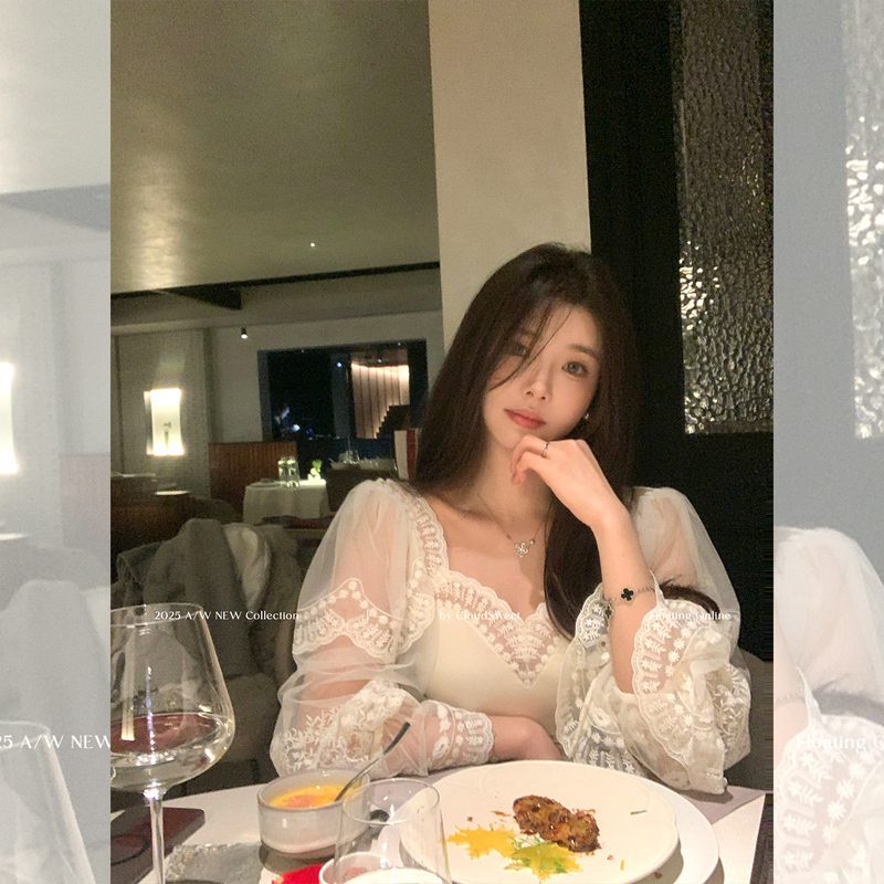 Cloudsweet Anna's Same Style Chl0E Lace Embroidered White French Slim-Fit Chiffon Top