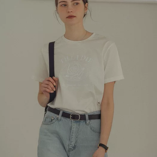 [TILLIDIE韩国代购Rose print half sleeve tencel t恤2色包邮]