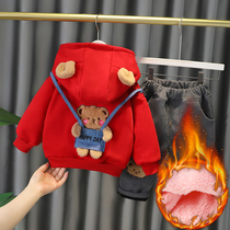 South Korean womens baby winter clothing two sets of children winter plus suede baby boy with cap and clothing suit autumn and winter