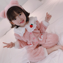 Korean baby pajamas girls autumn and winter thickened coral velvet flannel suit little girl parent-child home clothes