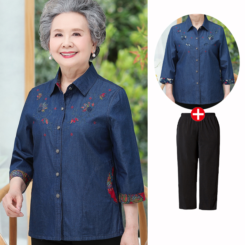 Mother's Pure Cotton Shirt, Middle-Aged and Elderly Women's Denim Jacket, Grandma's Spring Clothing, Elderly Lady's Mid-Sleeve Shirt, Thin Style Mother's Pure Cotton Shirt, Middle-Aged and Elderly Women's Denim Jacket, Grandma's Spring Clothing, Elderly Lady's Mid-Sleeve Shirt, Thin Style