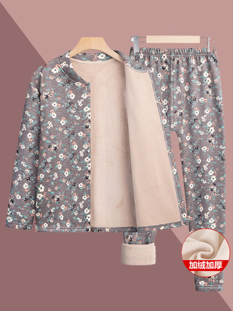 Grandma's Autumn and Winter Cardigan Set, Elderly Women's Clothing, Autumn and Winter Fleece-Lined Thermal Underwear, Women's Home Pajamas