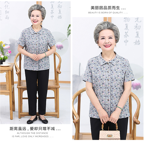 Bà mẹ trung niên và người già mùa hè Áo sơ mi tay ngắn bà áo len cotton áo bà ngoại quần áo áo sơ mi hoa - Quần áo của mẹ áo kiểu tuổi 60