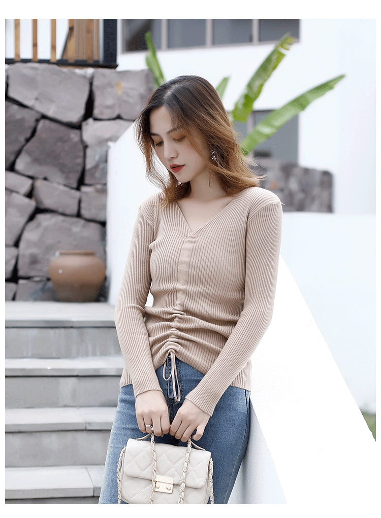 Mùa thu 2018 mới áo len cổ chữ V dây kéo đáy áo sơ mi nữ lười gió dài tay áo len mỏng áo len rộng top áo len nữ cổ cao