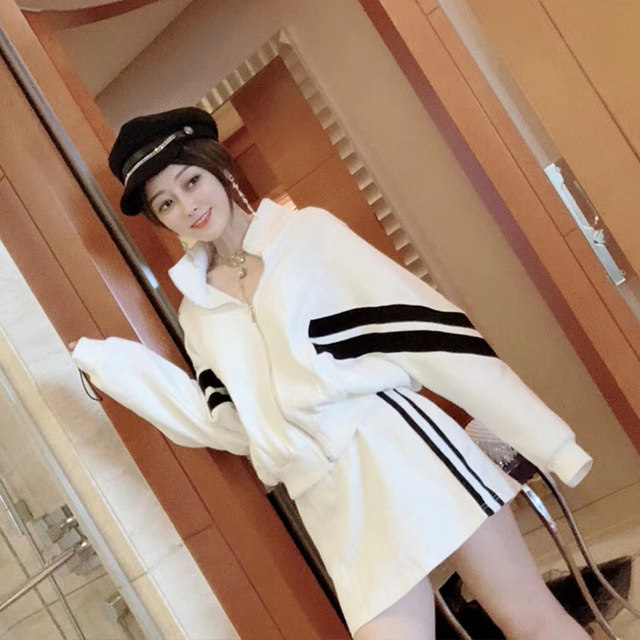 Sports trendy striped splicing suit for women 2023 spring new sweatshirt top + skirt two-piece set