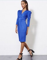 Royal blue V collar slim wrap dress with dress company workplace (elasticity moderate) (clearance special price)