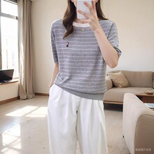 2024 New round neck wool contrasting waistband top summer oversized pullover sweater women's loose striped knit sweater