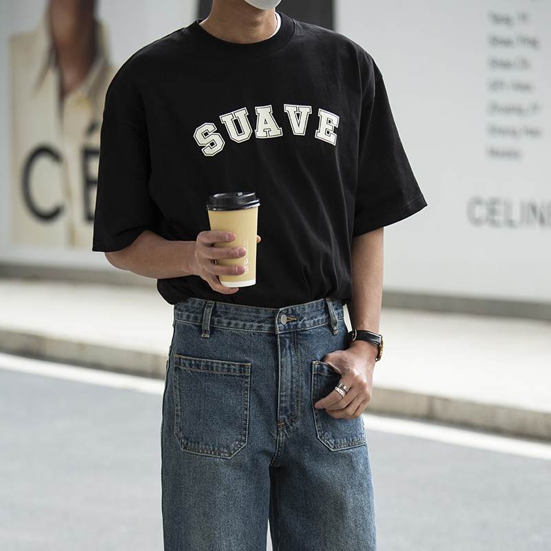 MOREFANS Youth letter printing round neck loose popular short-sleeved summer casual cotton T-shirt men's TEE