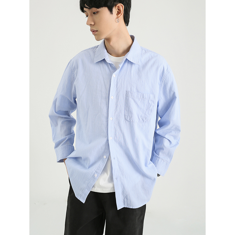 MOREFANS Korean version of light luxury men's striped cotton light blue summer long-sleeved shirt loose casual shirt