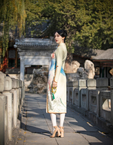 Magic Q by lou exclusive goose yellow retro modified Chinese style wool printing plate buckle cheongsam dress