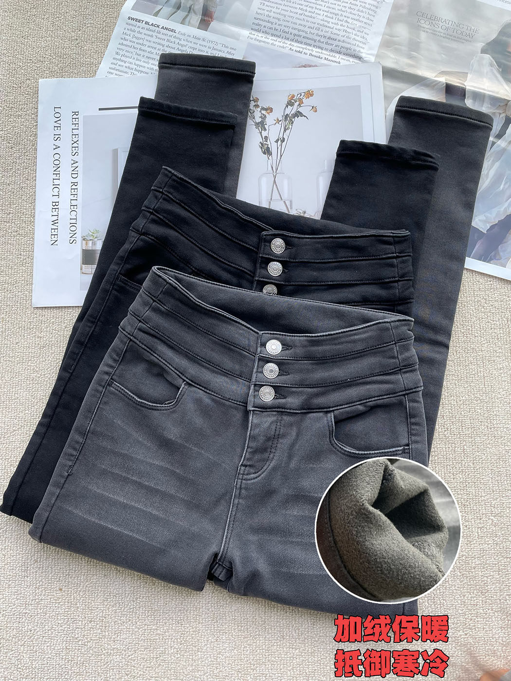 Winter three-button high-waisted jeans warm plus velvet black gray thickened thin waist nine points pencil pants women