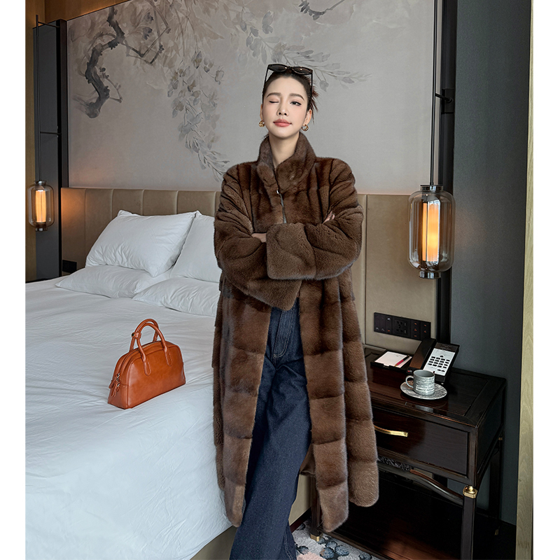 2026 New Style Stand-Up Collar Elegant Imported Velvet Mink Coat Full Mink Mid-Length Mink Fur Coat for Women