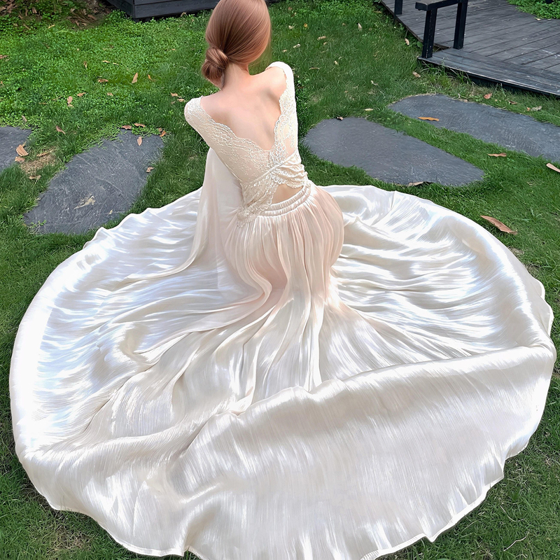 Island Satin Skirt, Sparkling Summer New Long Skirt, Flowing Gauze Skirt, High-Waisted A-Line Skirt, White
