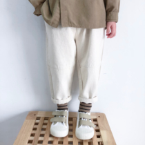 2022 Chunqiu South Korean male and female childrens baby cotton linen breathable Han Fan diagonal tattoo old daddy pants splicing pocket long pants