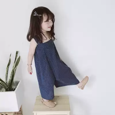 Bean Bao Jun 2021 summer Korean girls baby Foreign style breathable jumpsuit wide leg pants loose plaid baby bag pants