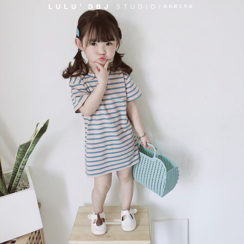 23 Summer Korean children's dress girl baby pure cotton cute, exquisite, personalized striped dress short sleeve T - shirt