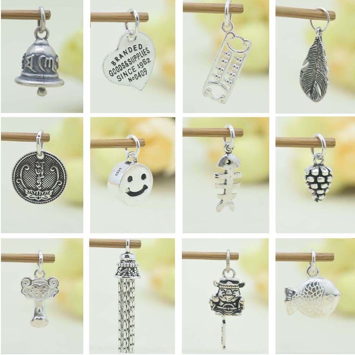 s925 sterling silver pendant Thai silver accessories handmade beloved smiling face tassel small fish Abacus DIY hand accessories accessories