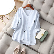 Full of air sensation ~ playful reduced age rabbit printed V collar loose short sleeve head linen shirt female hood Shirt new