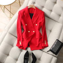 Qualitative popcorn lining skin Martha red metal double-row buckle with thin cushion shoulder fine spinning fine wool suit jacket female autumn