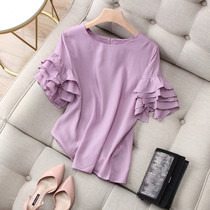 Lining skin white ~ soft and purple-reduced-age multilayer lotus leaf side sleeves round collar cover head tencel linen shirt hooded women
