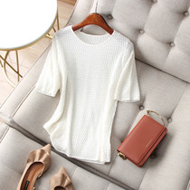 Amazing to wear very time-consuming work hook flower hollowed-out stereo magny short sleeve round collar display slim wool-knit jersey summer