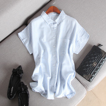 Summer art clear and bright silk striped bat short sleeve single pocket day silk loose shirt 100 lap casual blouses woman