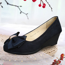 Old Beijing Cloth Shoes Female Shoes Butterfly Knot Water Drill Slope Heel Middle Heel Single Shoes Low Bunch White Collar Career Working Shoes Big Code Shoes