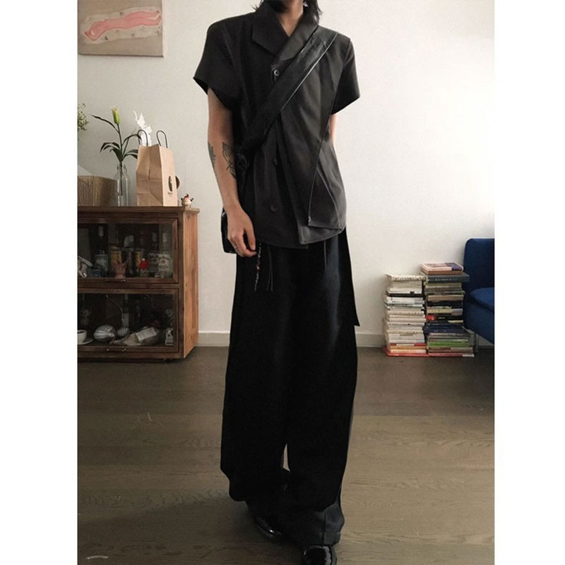 Slight Vogue Niche Design Deconstructed Pleated Flip-Sleeve Short-Sleeve Shirt Men's American Retro Shirt