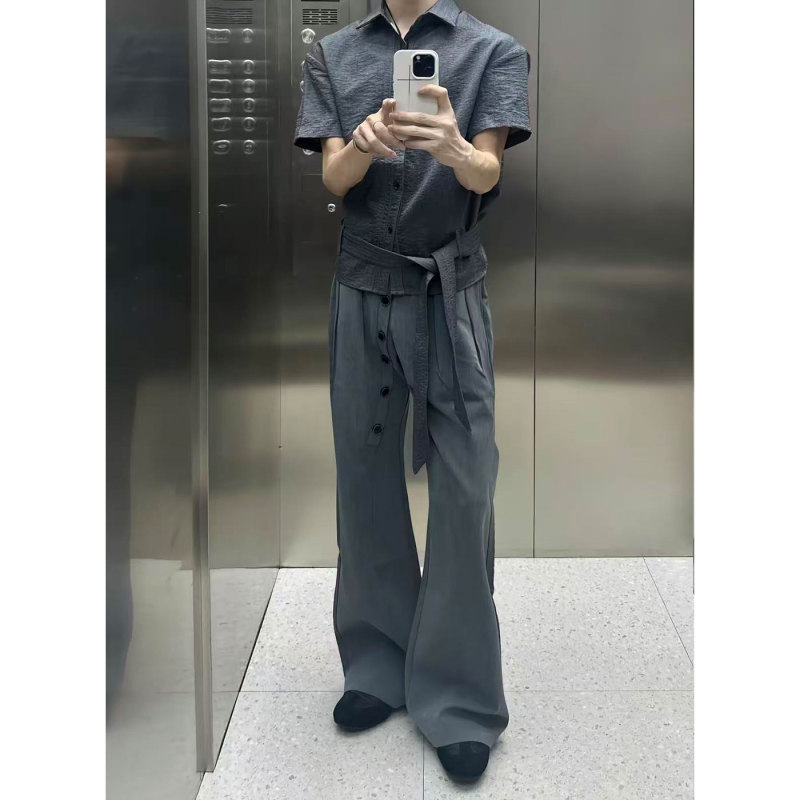 Dert Ribbon Tie Raw Denim Shirt Short-Sleeve Unisex Turn-Down Collar Tie Waist 2026 Summer American Style High-End Shirt
