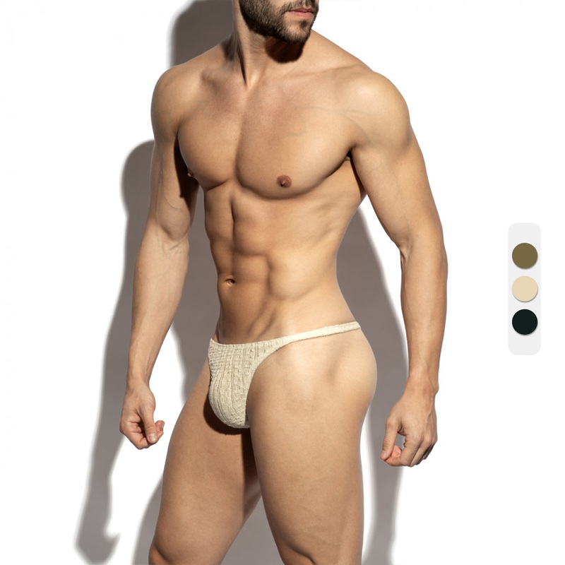 Escollection Sexy Semi-Sheer Men's Thong Bubble Yarn High-Elastic Breathable Knit Pouch Un670