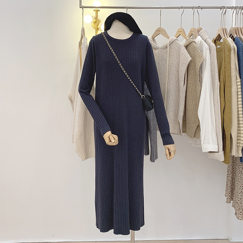 Lollola spring dress women's clothing 2023 new round neck simple pullover mid-length knitted dress women