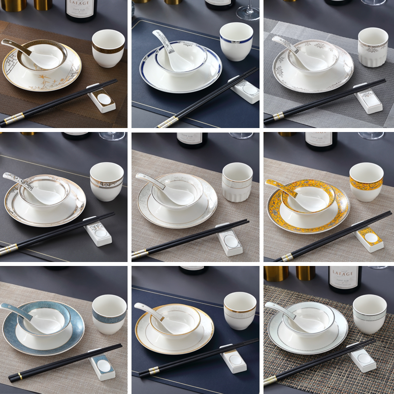 Hotel Tableware Set Ceramic Restaurant Hotel Dishes Bowls Chopsticks Banquet Plates Four-Piece Set Gold-Rimmed Serving Spoon