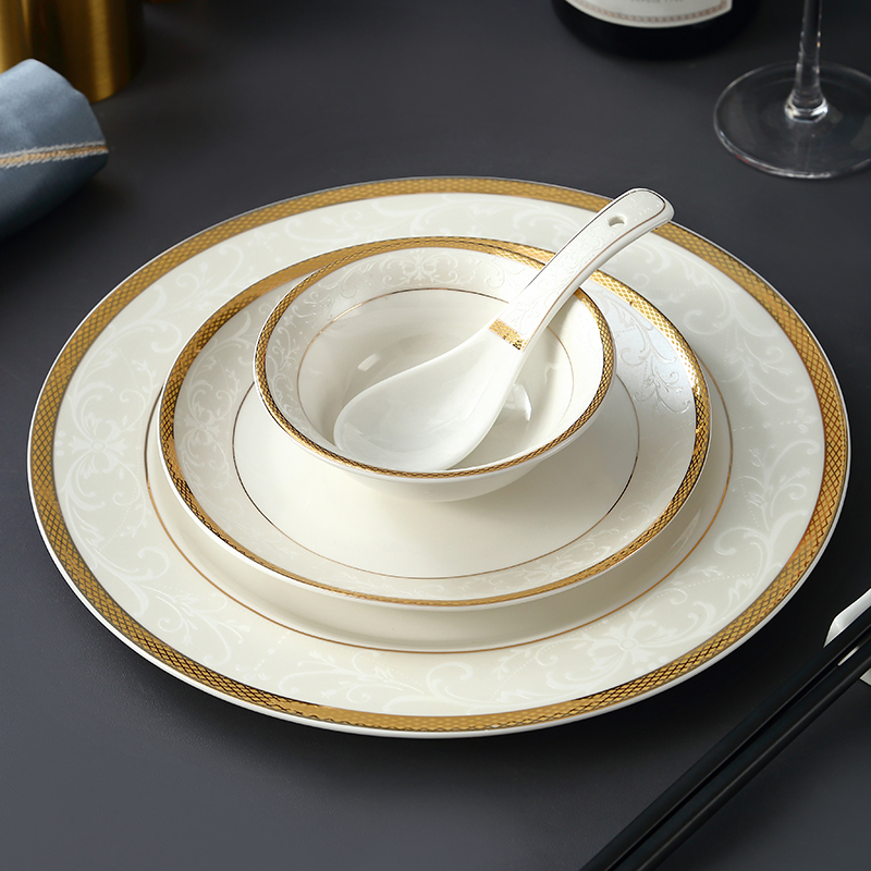 High-End Hotel Supplies Gold-Rimmed Tableware Set Ceramic Restaurant New Chinese Style Bowls, Plates, Spoons, Cups Four-Piece Set with Printing