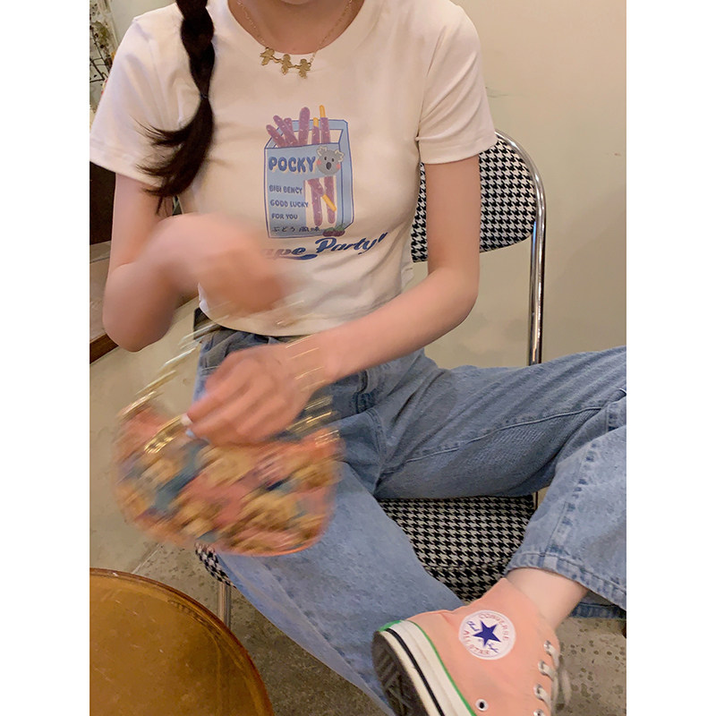 Bibi Bency white short sleeve t-shirt women's summer Japanese cute slim short printed Joker base shirt