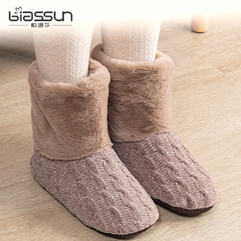 High-Top Floor Shoes for Autumn and Winter, Fleece-Lined for Warmth, Indoor Women's Postpartum Home Slippers with Soft Soles, Silent and Non-Slip Cotton Slippers