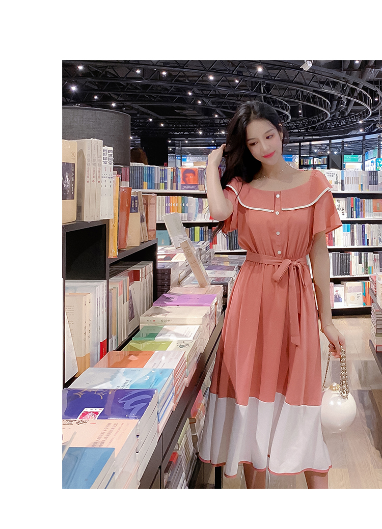 VK旗艦店 韓系撞色收腰顯瘦娃娃領淑女長版短袖洋裝