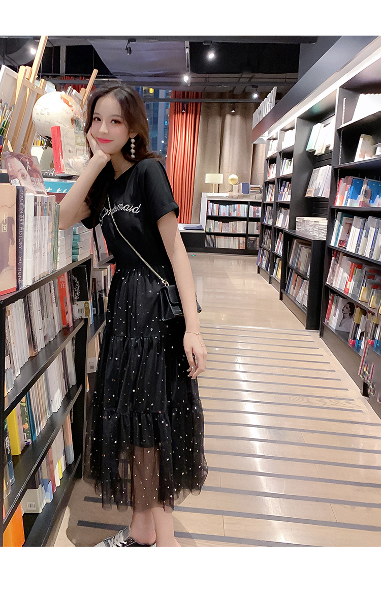 VK旗艦店 韓系拼接閃閃亮網紗T恤裙短袖洋裝