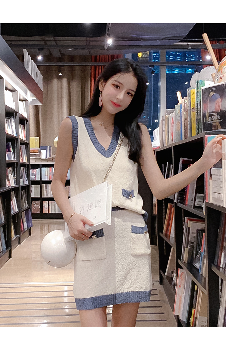 VK旗艦店 韓系撞色針織包臀背心套裝無袖裙裝