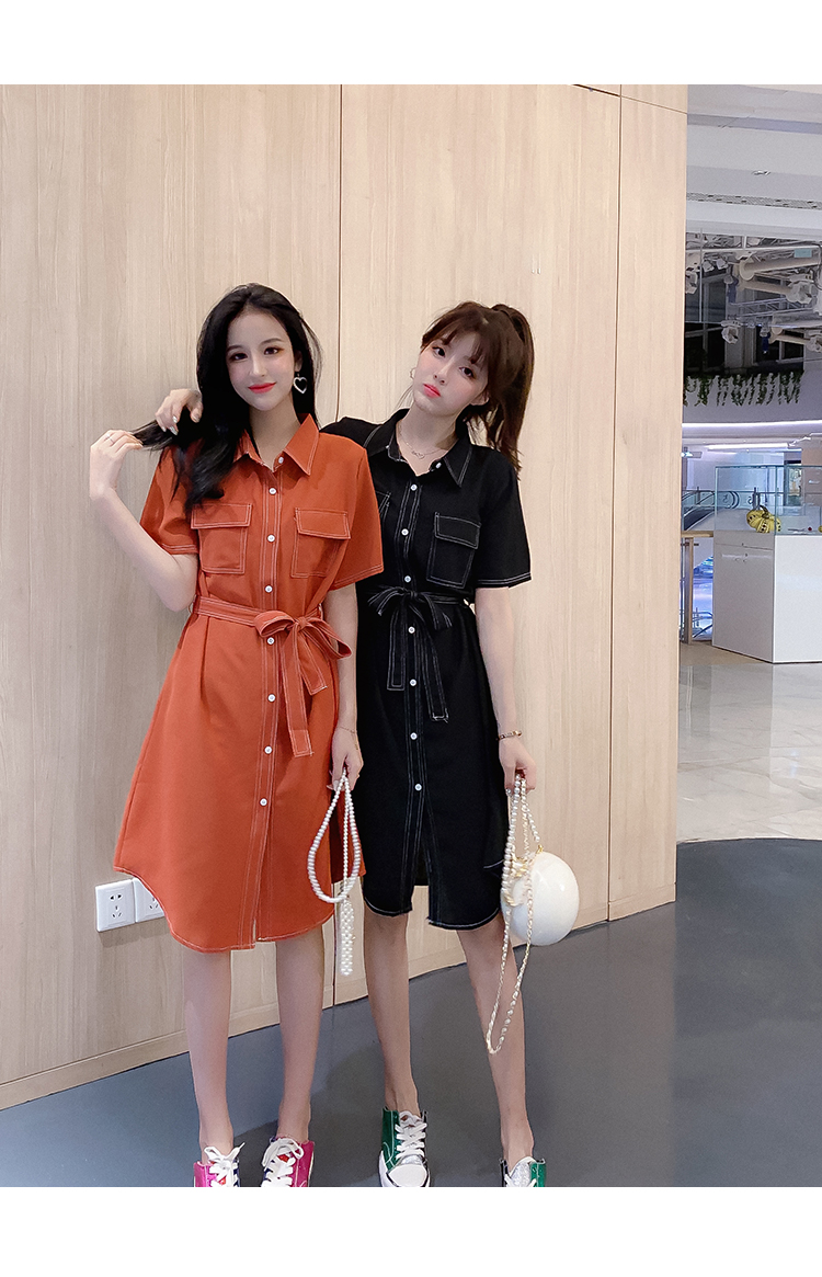 DABI 韓系POLO領綁帶收腰單排扣襯衫短袖洋裝 DABI 韓系POLO領綁帶收腰單排扣襯衫短袖洋裝
