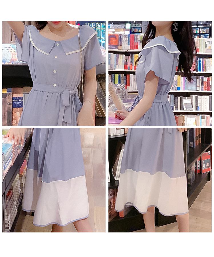 VK旗艦店 韓系撞色收腰顯瘦娃娃領淑女長版短袖洋裝