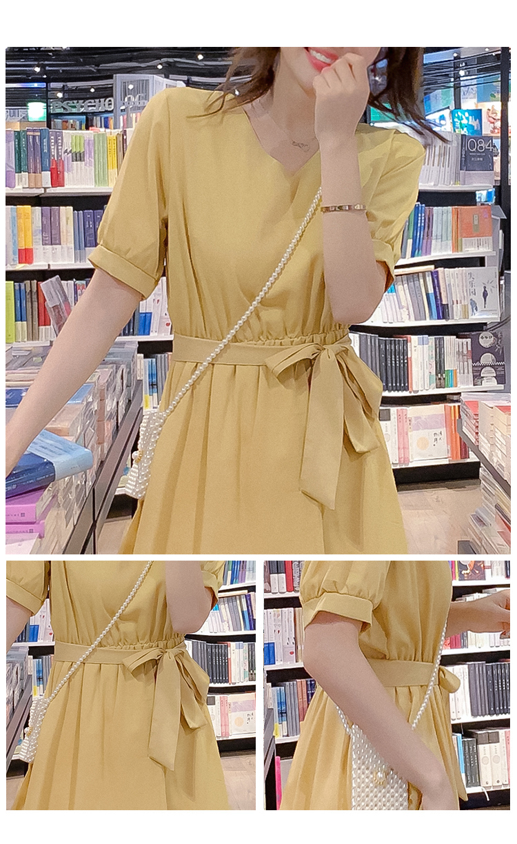 DABI 韓系V領綁帶收腰簡約撞色不規則短袖洋裝 DABI 韓系V領綁帶收腰簡約撞色不規則短袖洋裝