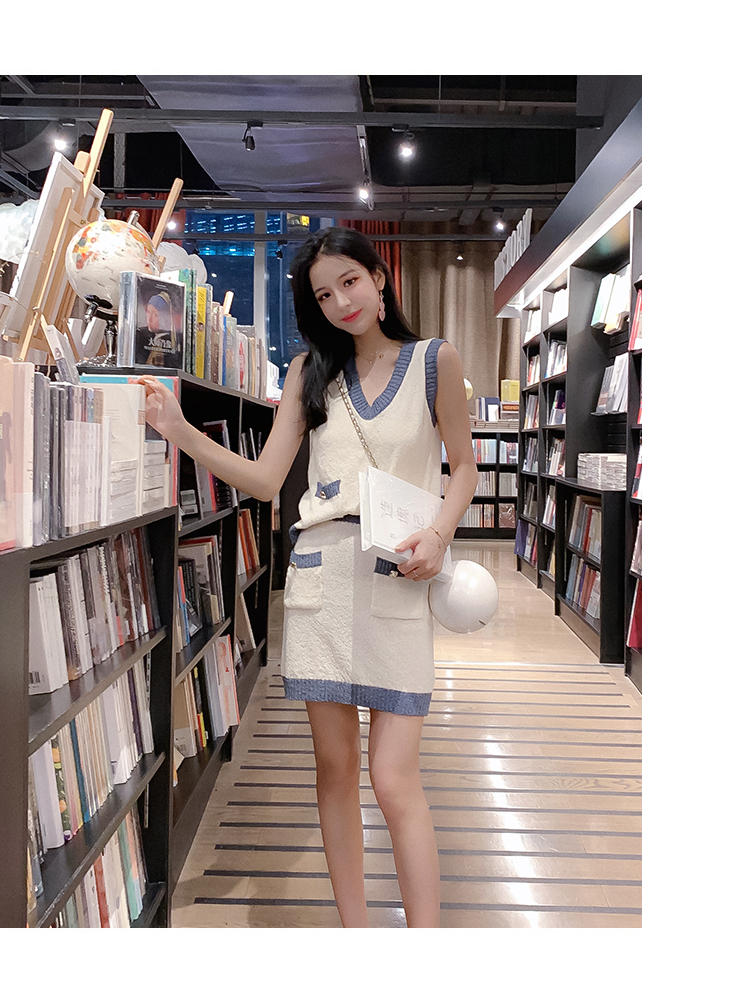 VK旗艦店 韓系撞色針織包臀背心套裝無袖裙裝