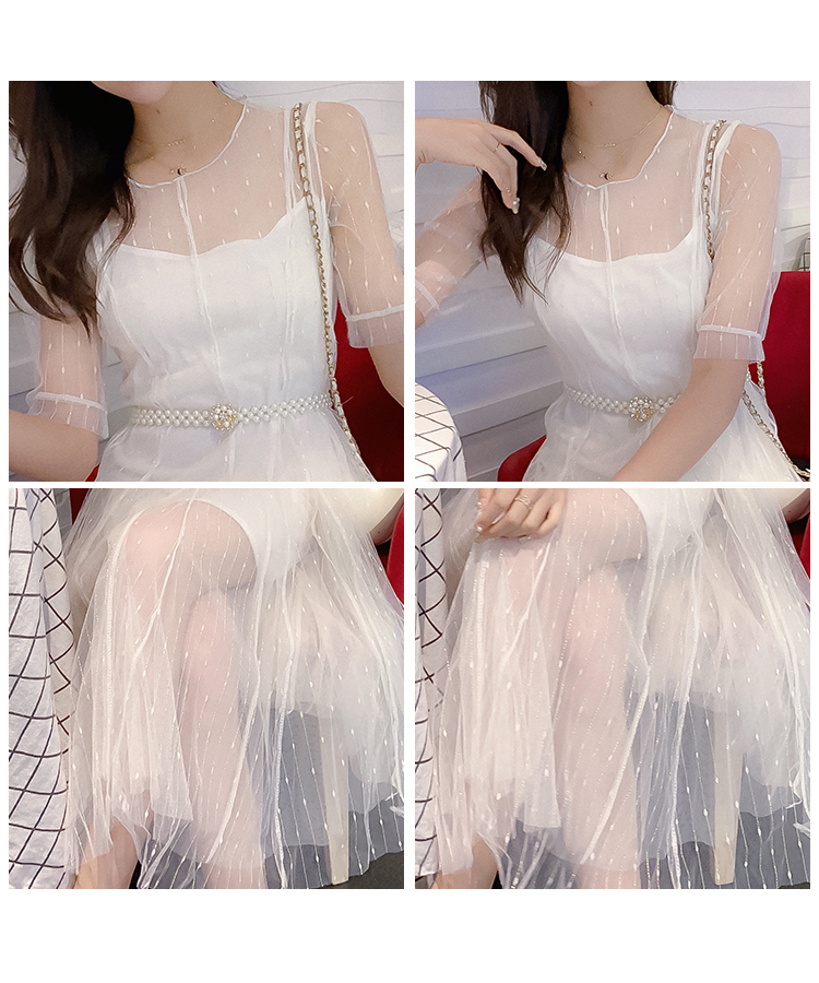 DABI 韓國風名媛淑女珍珠透視袖網紗套裝短袖裙裝 DABI 韓國風名媛淑女珍珠透視袖網紗套裝短袖裙裝